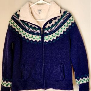 LL Bean Classic Ragg Wool Sweater-Sherpa Lined Zip Cardigan Fair Isle